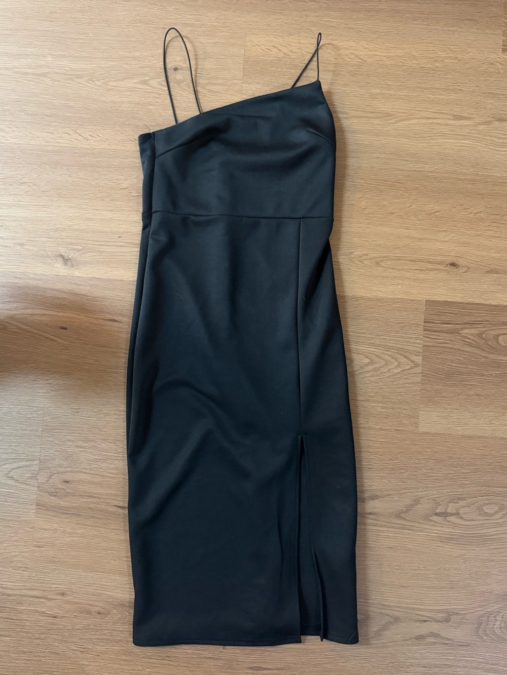 Small Black Asymmetrical Slip Midi Dress with Spaghetti Straps